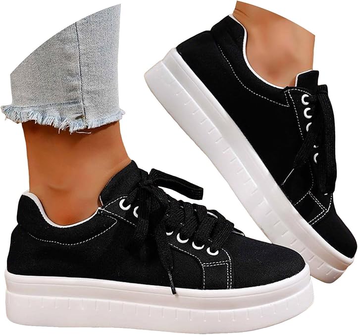 Women's Casual Platform Sneakers Non Slip Lightweight Comfortable Walking Shoes for Women Chunky Breathable Flats Sneakers Fashion Flatform Low Top Lace Up Outdoor Flat Tennis Shoes