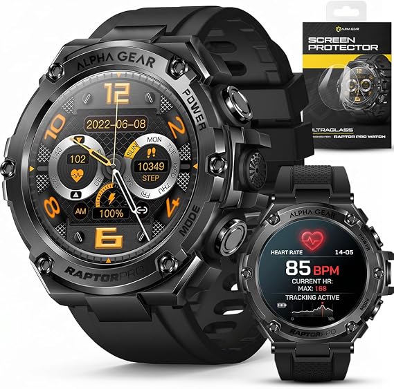 ALPHAGEAR Raptor PRO Smartwatch for Men, Tactical Military Smart Watch, 800mAh 21-Day Battery, Bluetooth Calling, IP68 + 5ATM Water Resistant, for Android iPhone