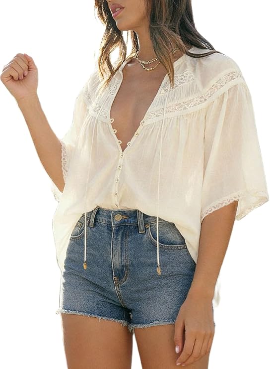 Womens Summer Tops Tie Front Boho Shirt Embroidered Lace Blouses