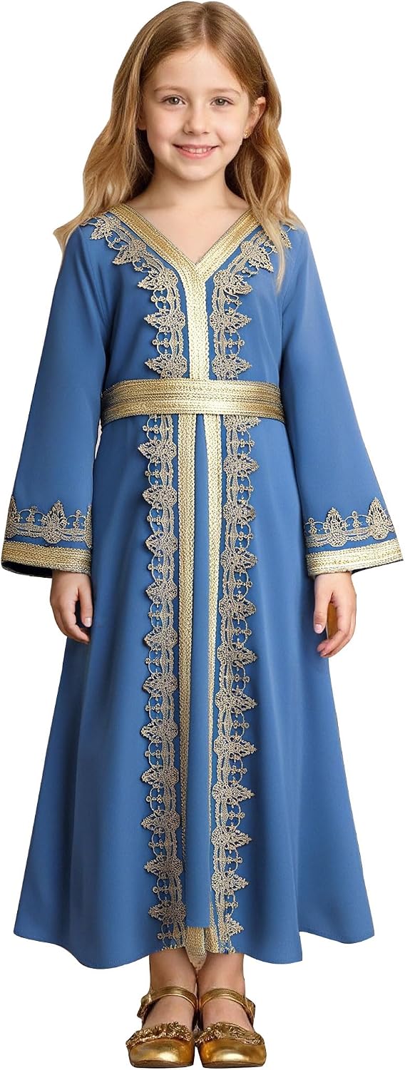 OBEEII Girls Muslim Ramadan Abaya Kids Long Sleeve V Neck Lace Prayer Dress Middle East Arabic Kaftan Dress with Belt