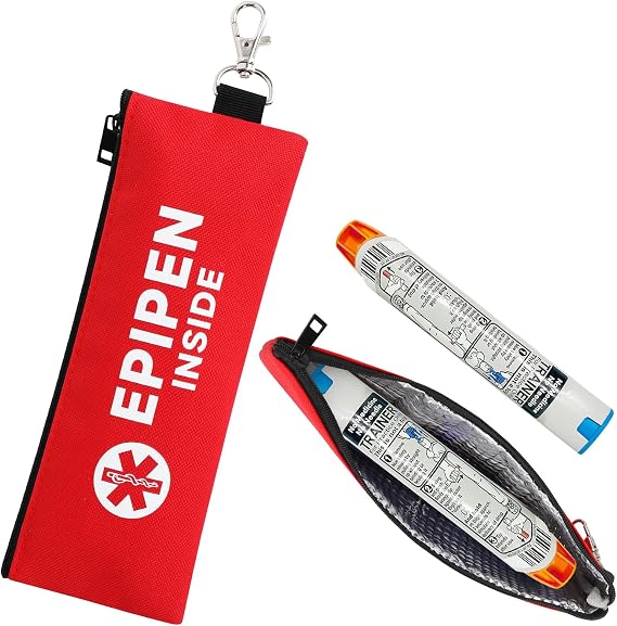 EpiPen Carry Case for 1 EpiPens Insulated, Double Sided Emergency Printing Epipen Holder Bag with Carabiner, Waterproof Travel Epipen Case for Asthma, Allergies, Sports & Outdoor Emergencies (Red)