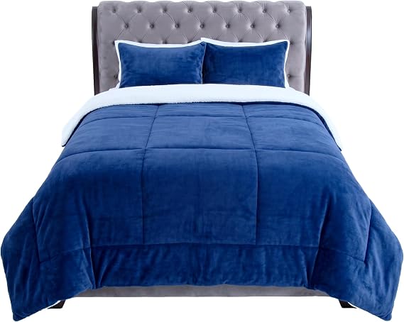 Bedford Home Full/Queen Comforter Set 3-Piece Sherpa and Fleece Bedspread with Pillow Shams Warm, Cozy, Machine-Washable Bedding (Navy-Blue)