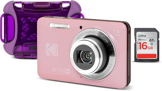 Kodak PixPro Friendly Zoom FZ55 16MP 1080p Full HD Digital Camera (Pastel Pink) with 16GB Memory Card and Hard Case (3 Items)