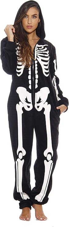 Just Love Skeleton Onesie Halloween Costumes for Women Adult - Comfortable Fleece Fabric with Cozy Hooded