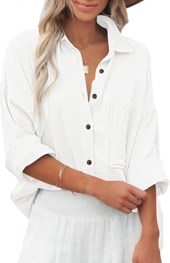 Diosun Womens Casual Button Down Shirts V Neck Long Sleeve Cotton Loose Fit Plain Work Blouse Tops with Pocket