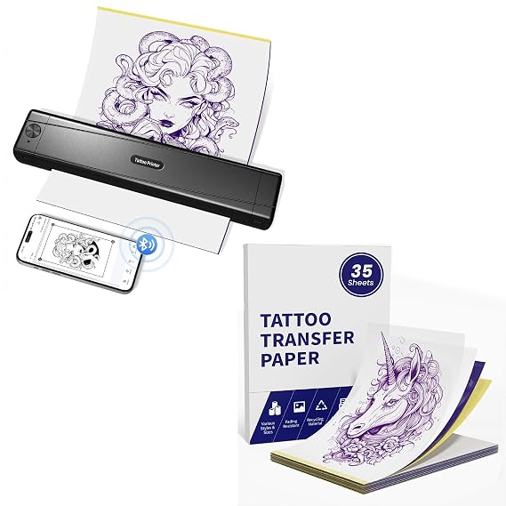TATTMUSE Tattoo Transfer Stencil Printer with 45 pcs Free Tattoo Transfer Paper - Tattoo Printer Kit for Tattoo Artists & Tattoo Beginners, Wireless Thermal Tattoo Transfer Printer