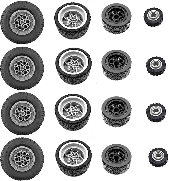 Technic Wheel and Tire Set, 16pcs Black Tyres and Rims for Sport Car Racing, Compatible with Lego Technic Spare Parts