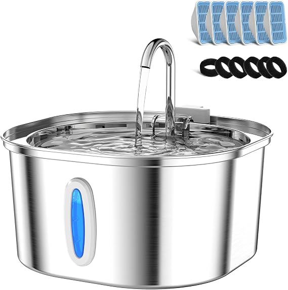 PEKTACO Stainless Steel Cat Water Fountain with 6 Filters, 3.2L/108oz