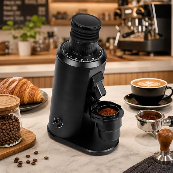 Stainless Steel Flat Burr Coffee Grinder - 80mm Espresso Grinder with Adjustable Grind Settings, 70g Single Dose Bean Hopper and 58mm Handle Fork Black