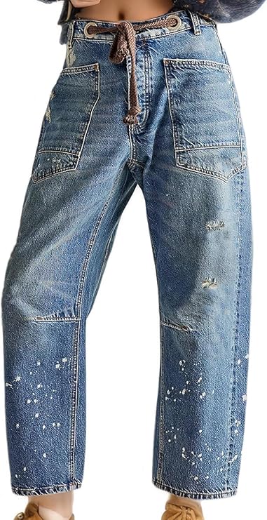 Mewunan Womens Pull-On Barrel Jeans Mid-Low Rise Boyfriend Drawstring Ankle Baggy Elastic Waist Stretchy Boho Denim Pants