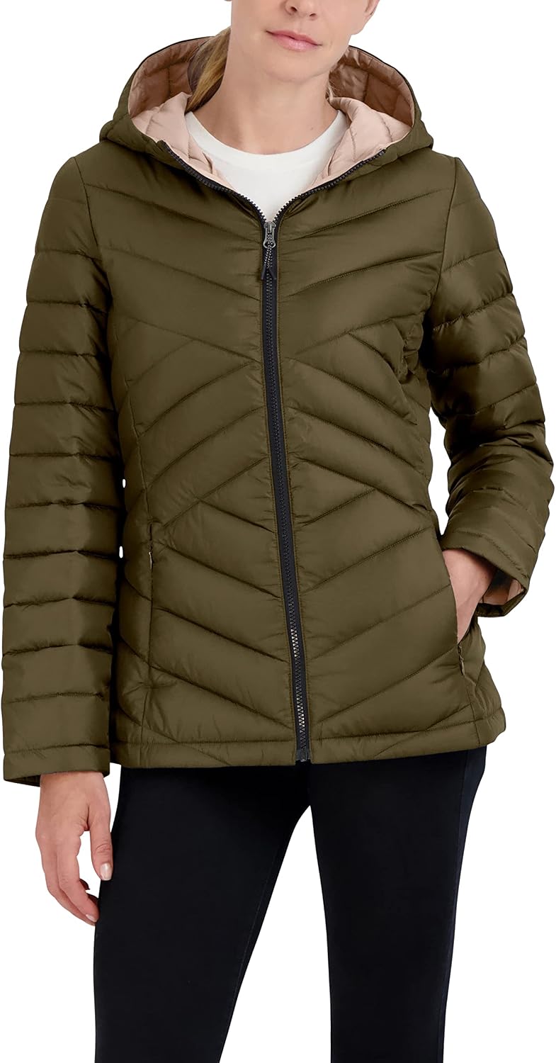 HFX womens Mid-weight Puffer Jacket – Water-resistant, Stretch Fabric Coat, Removable Faux Sherpa Lined Hood