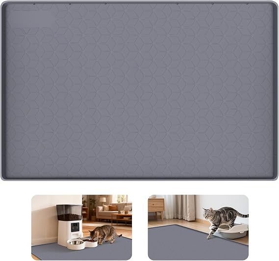 Cat Food Mat Large Silicone Pet Bowl Mat 34''x22'', Dark Gray