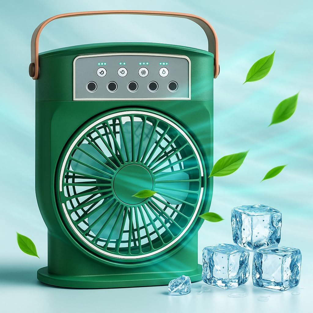 Coverzone Rechargeable Mini Steam Air Cooler, Portable Portable Mobile Aqueous Air Conditioner, 3 Wind Speeds, 3 Fog Modes, Frosted Fan 26cm x 20cm with LED Light with 5 Spray Holes - CRV-002 CRV-002 - Green