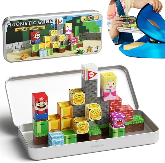 Mini Magnetic Blocks STEM Toys for Kids Ages 3-8, 35PCS Travel Building Set with Magnetic Storage Tin Box, Educational Construction Toys for Toddlers, Preschool Birthday Gift for Boys & Girls