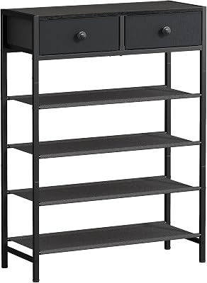 Shoe Rack, 5 Tier Shoe Organizer with 2 Drawers, Metal Shoe Storage for 16-20 Pairs of Shoes with Fabric Shelves and Wooden Top, Narrow Shoe Shelf for Closet Entryway Black Grey