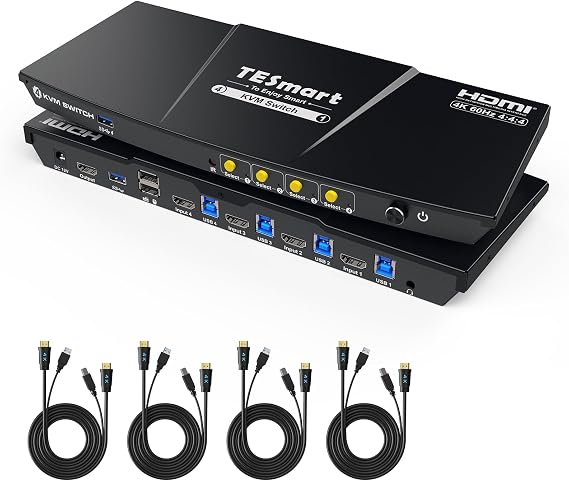 TESmart KVM Switch, USB 3.0, PC Switcher, 4 PCs and 1 Monitor, 4K @ 60Hz, HDCP2.2, HDR10/Dolby Compatible, USB3.0 Headset, EDID Function, Hot Key Switch, IR Remote Control Included