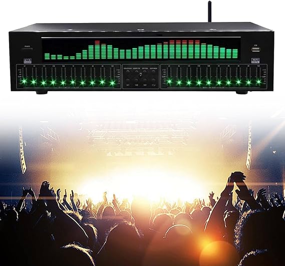 Digital Equalizer, Audio Stereo Graphic EQ, LED Music Spectrum Analyzer, 12 Rhythm Patterns, 31 Segments Dynamic Spectrum, Two 10 Segments Independent Tuning, For Recording Studio