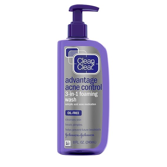Clean & Clear Advantage Acne Control 3-in-1 Foaming Face Wash with Maximum Strength Salicylic Acid Acne Medicine, Oil-Free & Non-Comedogenic for Acne-Prone Skin Care, 8 fl. oz