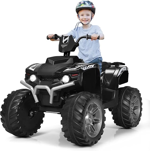 OLAKIDS 12V Kids Ride On ATV, 4 Wheeler Electric Vehicle for Toddlers, Battery Powered Motorized Quad Toy Car for Boys Girls with LED Lights, Music, Horn, High Low Speed, Soft Start (Black)