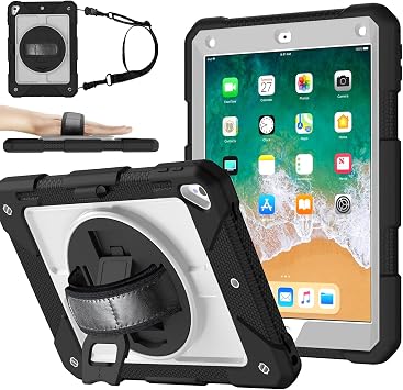 MENZO Shockproof Case for iPad 5th Gen/6th Gen/Air 2/Pro 9.7-inch with 360 Swivel Stand, Pencil Holder, Detachable Hand and Shoulder Strap, Black+Grey