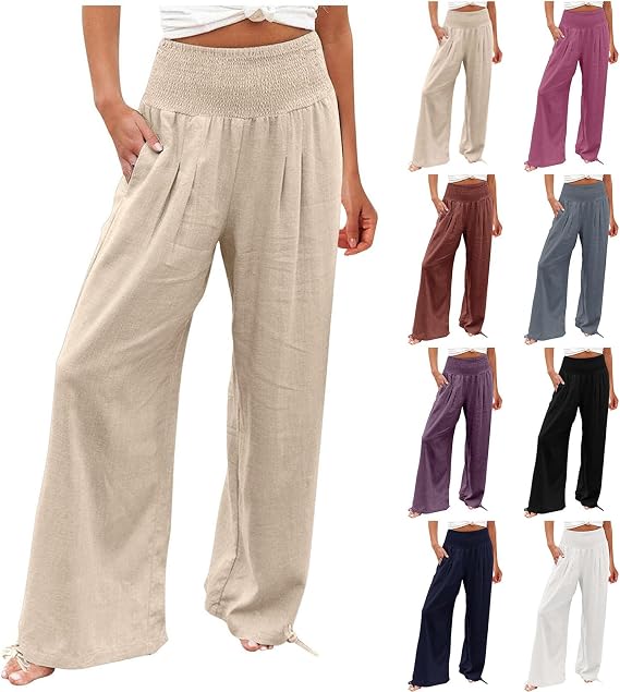 YMADREIG Womens Linen Wide Leg Pants Beach Vacation Outfits Summer Boho Casual Lounge Pant Flowy High Waist Palazzo Trousers