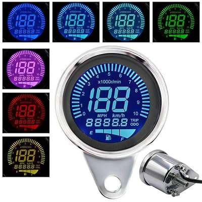 Motorbike Speedometer Universal, Motorcycle Multi-function Metre Tachometer Odometer Fuel Gauge with 7 Background Colors