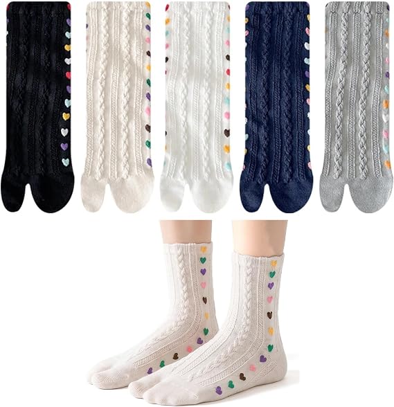 Women's Tabi Aesthetic Crew Socks,Heart Embroidery Split Toe Mid-Calf Socks,Cute Colorful for Margiela Shoes