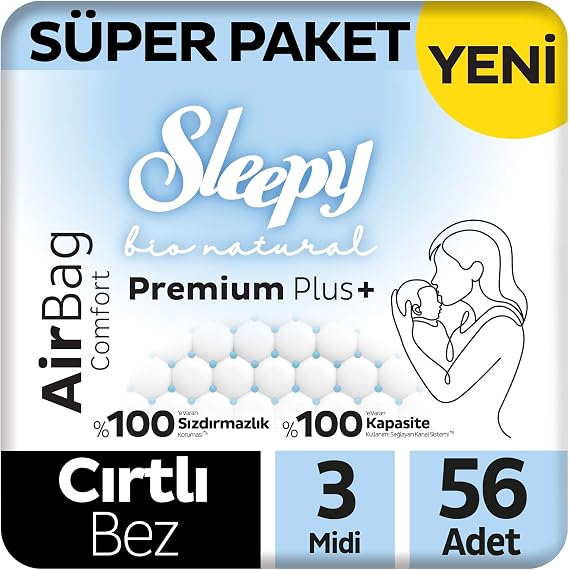 Sleepy Bio Natural Premium Plus Airbag Comfort Süper Paket Bebek Bezi 3 Numara Midi 56 Adet
