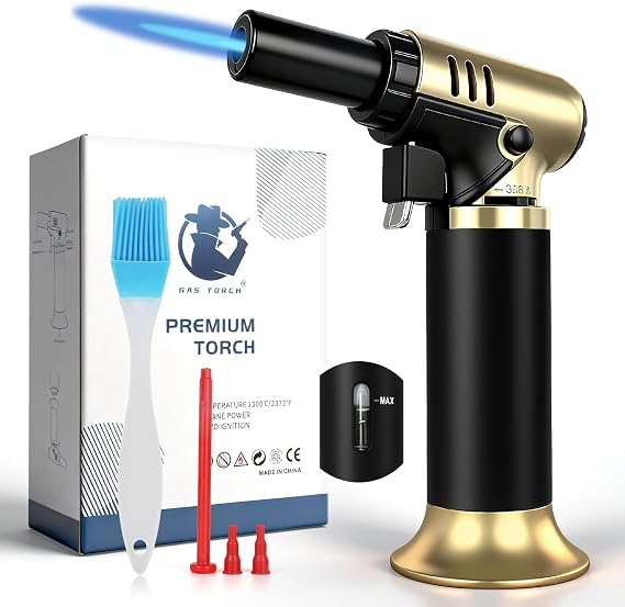 Kitchen Butane Torch Lighter, Refillable Jet Flame Torch with Fuel Gauge, Continuous Flame Lock & Base Stand for Cooking, Baking, Creme Brulee, Camping, Soldering, (Gold) (Butane Not Included)