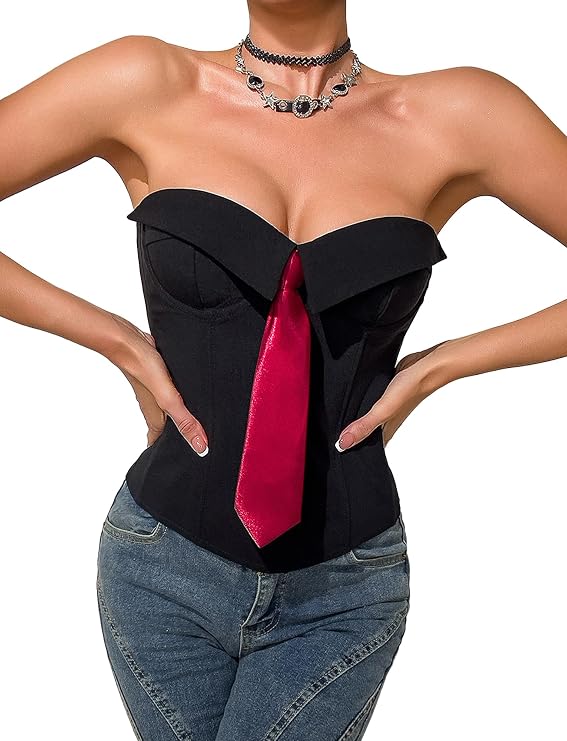 SEAUR Womens Strapless Corset Top Tummy Control Corp Top Slim Boned Corset Outfit with Tie Going Out Party Bustier Top