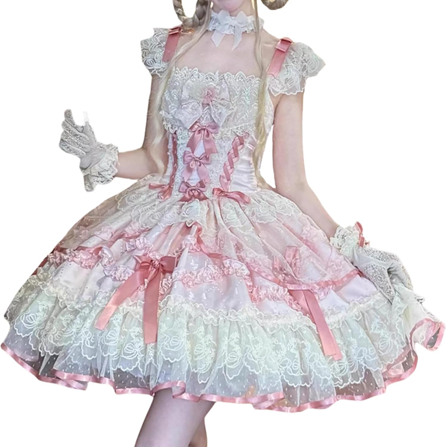 Packitcute Teens Sleeveless Lolita Dress Japanese Style Sweet Bows Lace Trim A-line Princess Party Dresses Cosplay Costume