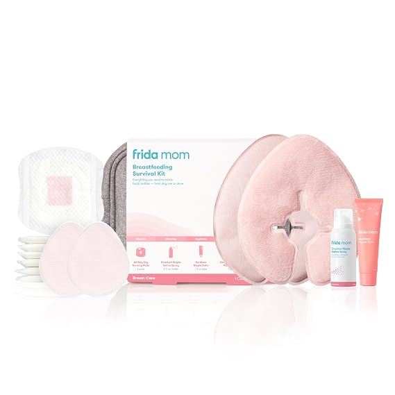 Frida Mom Breastfeeding Survival Kit, 13 Piece Gift Set for Nursing Moms | Reusable Hot+Cold Breast Relief Packs, Hydrogel Nipple Pads, Saline Spray, Nipple Balm & Pads
