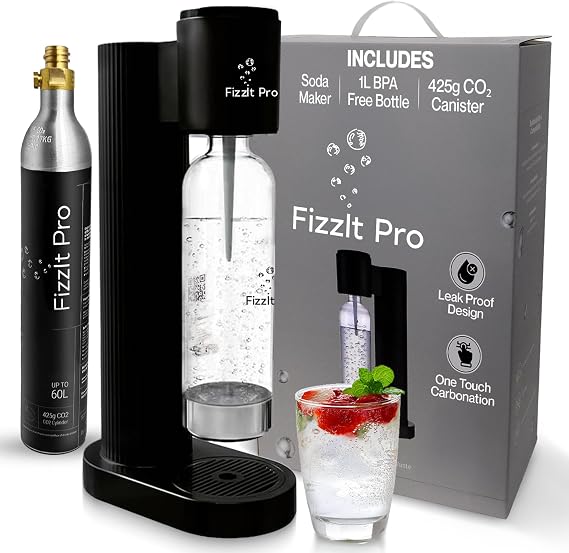 Soda Maker Machine, Black - Easy One-Touch Sparkling Water Maker with Reusable 1L BPA-Free Bottle, 425g CO₂ Canister - No Power Required, Durable & Modern Design for Home Use