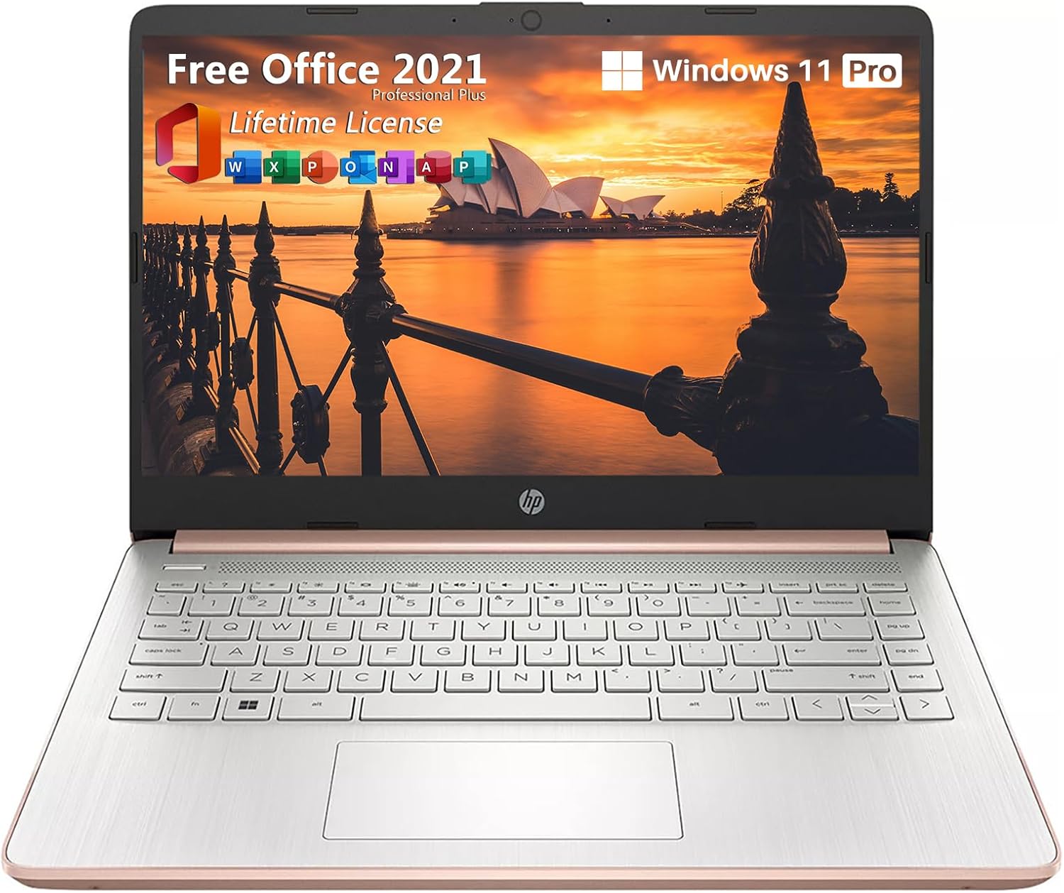 HP 14” Rose Gold Laptop, Intel Celeron N4120, 16 GB DDR4 RAM, 128 GB eMMC  256 GB SD Card, 14 inch PC for Business Kids College Students Windows 11 Pro and Office Pro Included