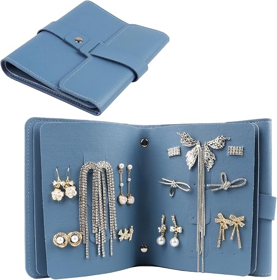 Fangoo Earring Organizer Book Design Earring Holder Travel Jewelry Storage Case Tray Holder, Capable to Hold 42 Pairs (Blue)