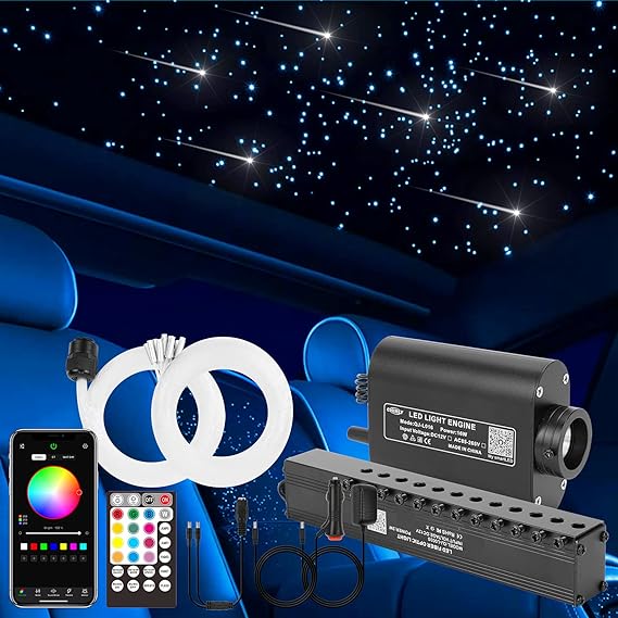 CHINLY Bluetooth Meteor 16W RGBW APP LED Fiber Optic Light Star Ceiling Lights Kit APP Mixed 400pcs*(0.02+0.03+0.06in)*9.8ft Optical Fiber + for Home/Car