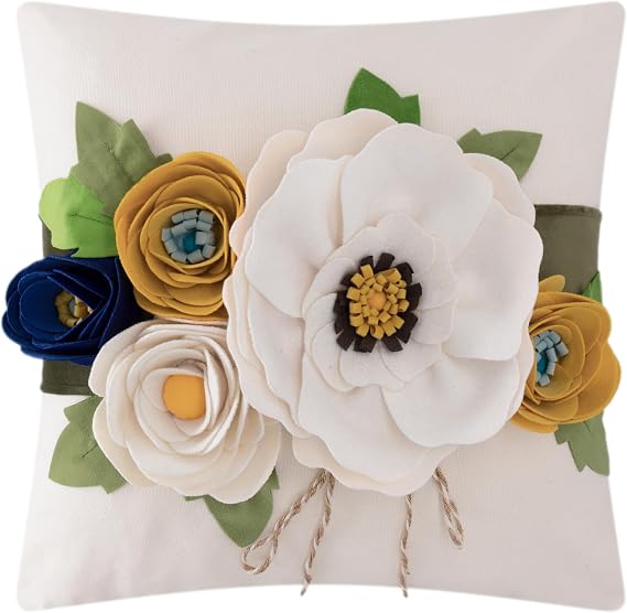 JWH 3D Flower Throw Pillow Cover Decorative Creamy White Cushion Case Floral Path Cushion Colorful Rose Pillowcase for Home Bed Sofa Couch Living Room 18x18 Inch