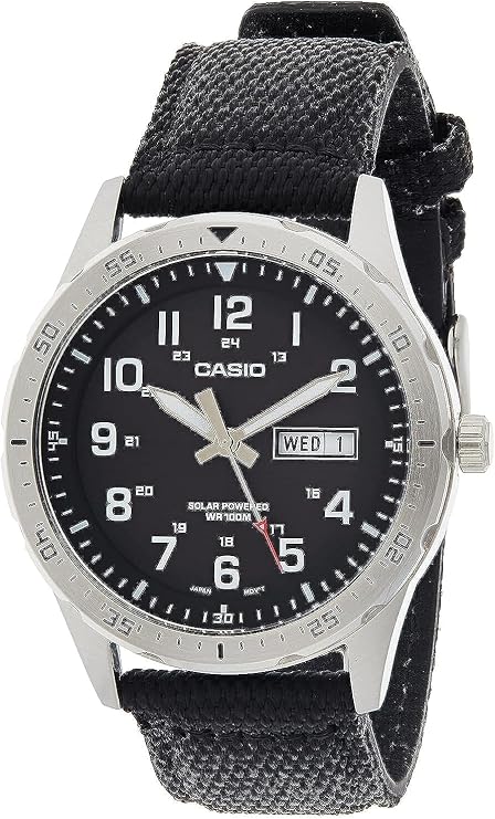 Casio MTPS120L Series | Unisex Analog Watch | 100M WR | Stainless Steel Case | 3 Hand Analog (HR, Min, SEC) | Date Display | Low Battery Alert | Military Styling | Solar Powered