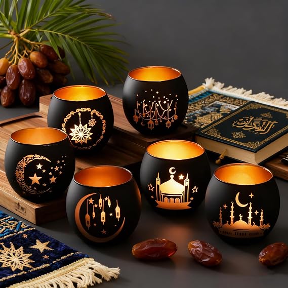 SHMILMH Ramadan Table Decor, Ramadan Mubarak Decoration, Glass Votive Tealight Candle Holders, Eid Decorations for Home Gift
