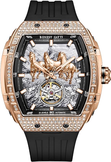 Automatic Watch Men Skeleton Diamond Dial Rose Gold Rubber