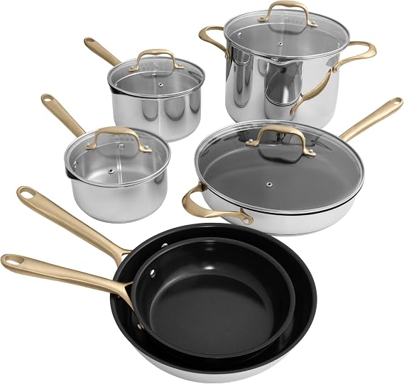 ZLINE 10-Piece Non-Toxic Stainless Steel with 3-Piece Nonstick Ceramic Cookware Set (CWSETL-NS-10)