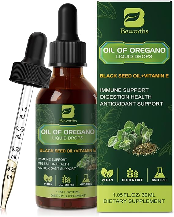 B BEWOTHS Organic Oil of Oregano Drops with Black Seed Oil, 80% Carvacrol