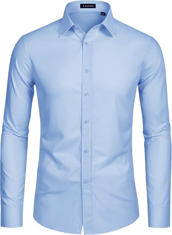Mens Dress Shirts Long Sleeve Cotton Wrinkle Free Stretch Solid Casual Formal Wedding Business Button Down Shirt Oxford Blue