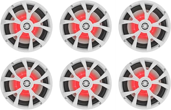 Rockville RKL80MW 8" White 2-Way Marine Boat LED Speakers, 6-Pack | 900W Peak / 200W RMS, 4 Ohm, IP66 Waterproof, Red/Blue Beat-Sync LEDs, 40Hz-20kHz, Includes 16.4 Ft Wire and Grilles