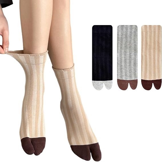Women's Tabi Split Toe Socks, Cotton Blend, Beige Cream Black, 3 Pack, Floral and Solid Patterns