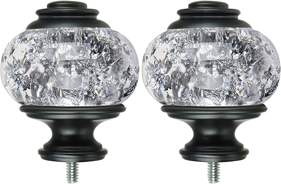 Replacement Finials for Curtain Rods (1 or 7/8 Inch), Black | Set of 2, Window Treatment Finials with M6 Screws(1/4 in), Decorative Translucent Silver Foil Design