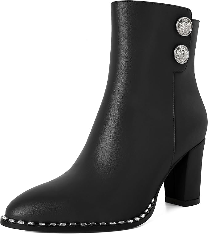 Zamikoo Women's Chunky Heel Ankle Boots Round Toe Beaded Short Booties Fall Heel Side Zipper 3 Inches