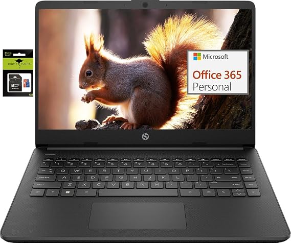HP 14 Premium HD Portable Laptop Computer Students Business, Quad-Core Intel Celeron Processor, 8GB RAM, 256GB Storage(128GB eMMC+128GB Ghost Manta SD Card), 1 Year Office 365, HDMI, Win 11