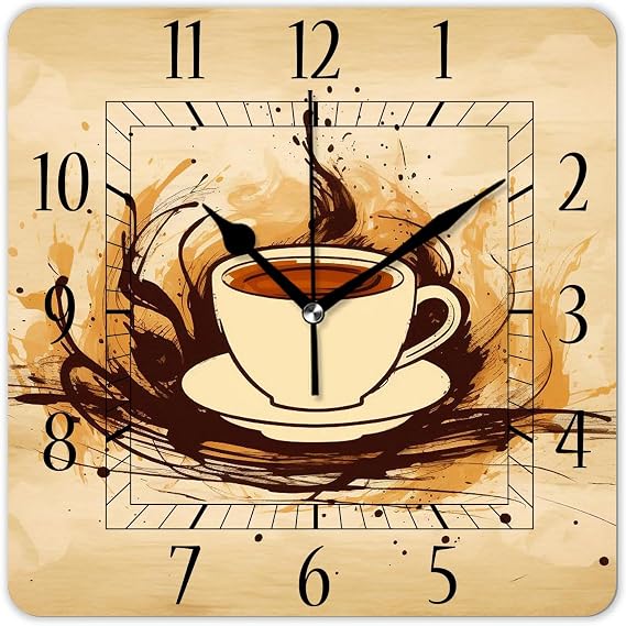 Decorative Wall Clock 10 Inch Silent Square Clocks for Home Living Room Kitchen,Coffee Cup on Brown Background Exquisite