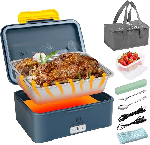 Electric Lunch Box Food Heater,Faster Heated LunchBox Food Warmer 110V/12V/24V Self Heating Lunch Box for Work/Car/Outdoors,Heated LunchBox for Adult with Lunch Bag (Blue)